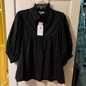 Jade Black Ruffled Women's High Neck Puff Sleeve Blouse xL NWT